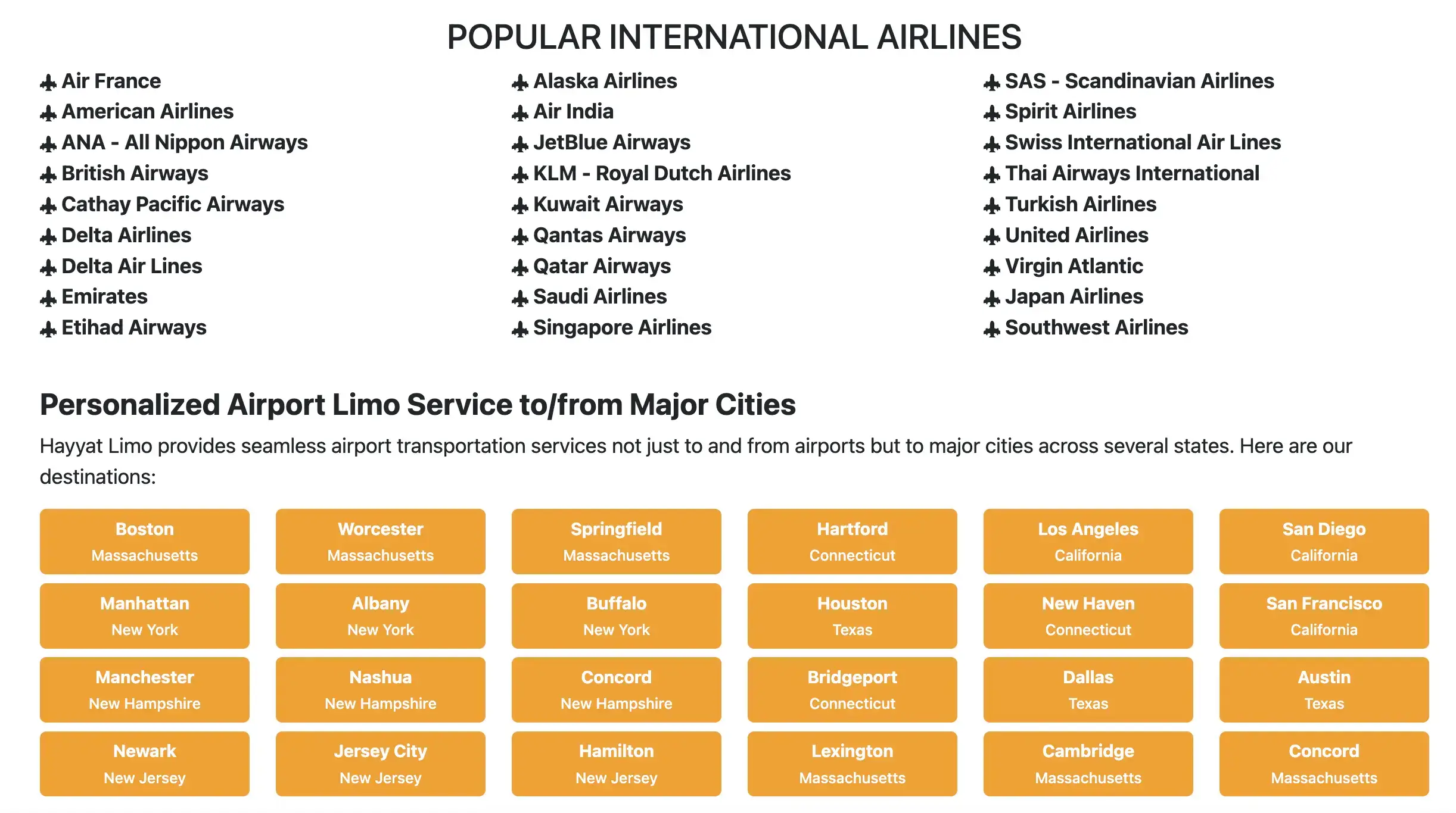 major Airlines and cities Cover by Limo Service