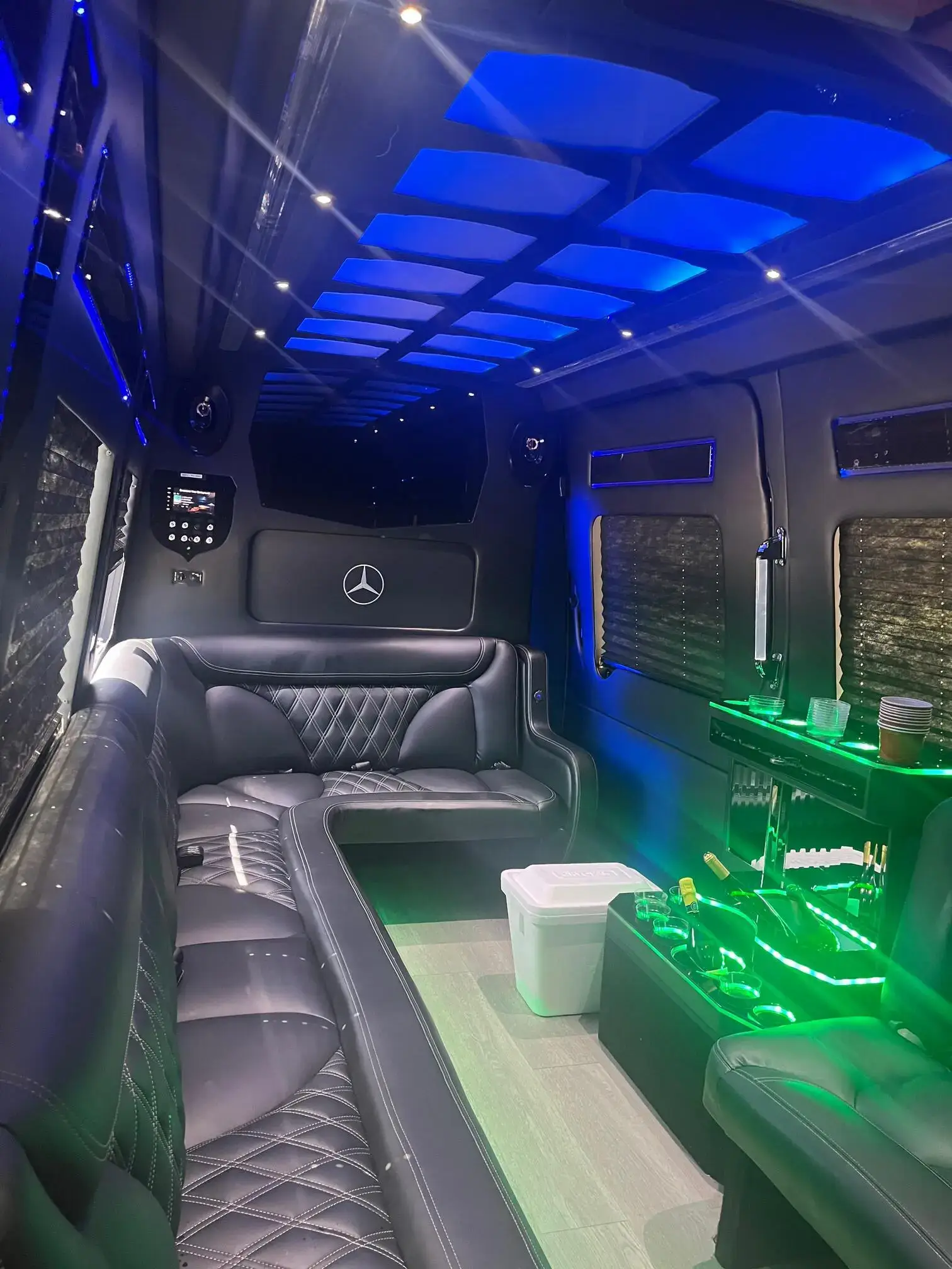 Mercedes Sprinter Limo Van set up for a party rental in Los Angeles