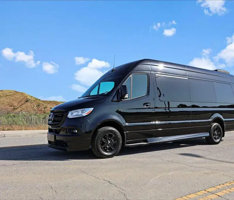 Black Party Limo Van Sprinter parked outside for a Los Angeles night out